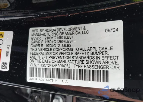 2024 Honda Accord Hybrid Touring from USA, damaged, VIN 1HGCY2F8XRA094072